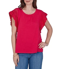 Ruby Rd. Petite Size Cotton Slub Jersey Knit Solid Scoop Neck Crochet Trim Sleeve Top