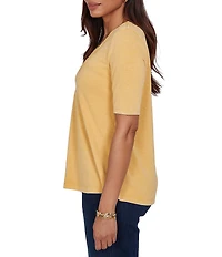Ruby Rd. Petite Size Cotton Slub Jersey Knit V-Neck Short Sleeve Soutache Trim Top