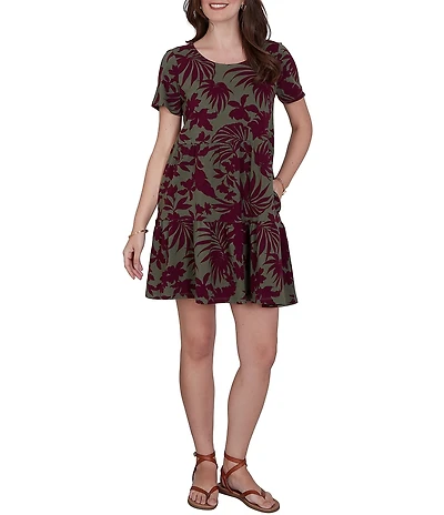 Ruby Rd. Petite Size Cotton Stretch Knit Tropical Foliage Print Scoop Neck Short Sleeve Tiered Dress