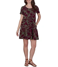Ruby Rd. Petite Size Cotton Stretch Knit Tropical Foliage Print Scoop Neck Short Sleeve Tiered Dress