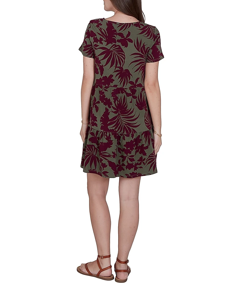 Ruby Rd. Petite Size Cotton Stretch Knit Tropical Foliage Print Scoop Neck Short Sleeve Tiered Dress