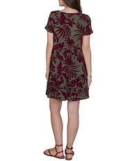 Ruby Rd. Petite Size Cotton Stretch Knit Tropical Foliage Print Scoop Neck Short Sleeve Tiered Dress
