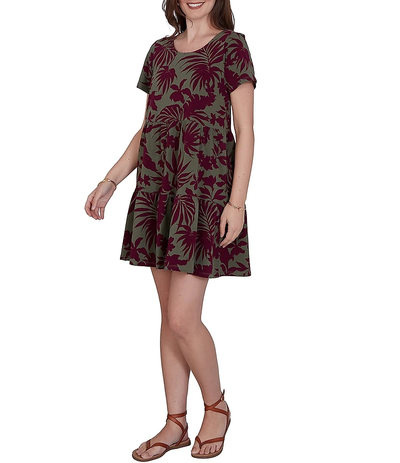Ruby Rd. Petite Size Cotton Stretch Knit Tropical Foliage Print Scoop Neck Short Sleeve Tiered Dress