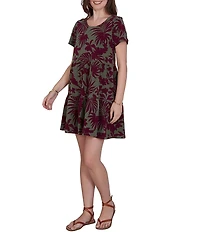 Ruby Rd. Petite Size Cotton Stretch Knit Tropical Foliage Print Scoop Neck Short Sleeve Tiered Dress