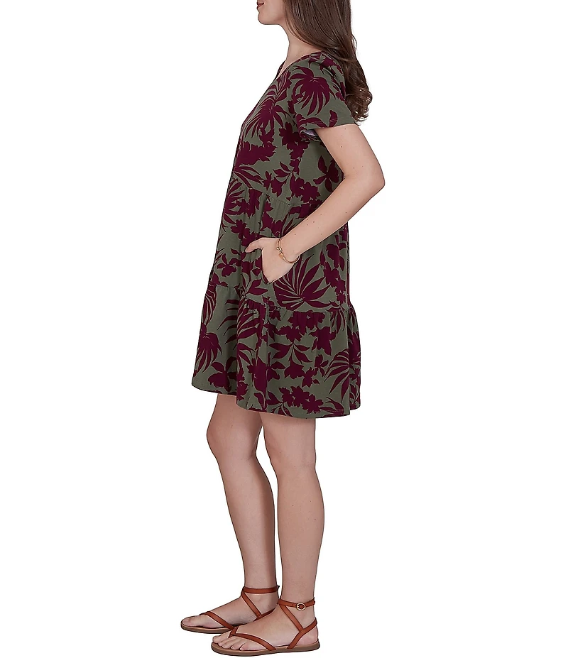 Ruby Rd. Petite Size Cotton Stretch Knit Tropical Foliage Print Scoop Neck Short Sleeve Tiered Dress