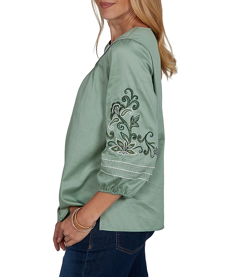 Ruby Rd. Petite Size Cotton Voile Embroidered Round Neck 3/4 Sleeve Top