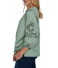 Ruby Rd. Petite Size Cotton Voile Embroidered Round Neck 3/4 Sleeve Top
