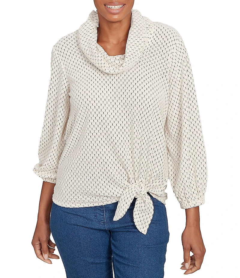 Ruby Rd. Petite Size Cowl Neck 3/4 Sleeve Side Tie Honeycomb Knit Top
