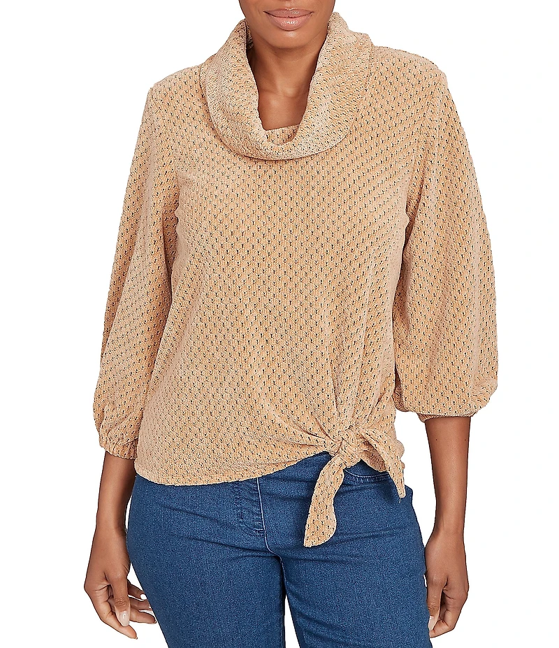 Ruby Rd. Petite Size Cowl Neck 3/4 Sleeve Side Tie Honeycomb Knit Top