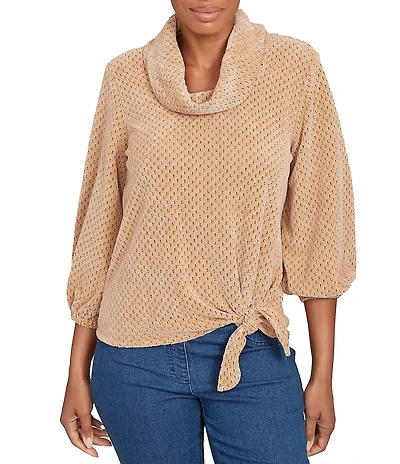 Ruby Rd. Petite Size Cowl Neck 3/4 Sleeve Side Tie Honeycomb Knit Top