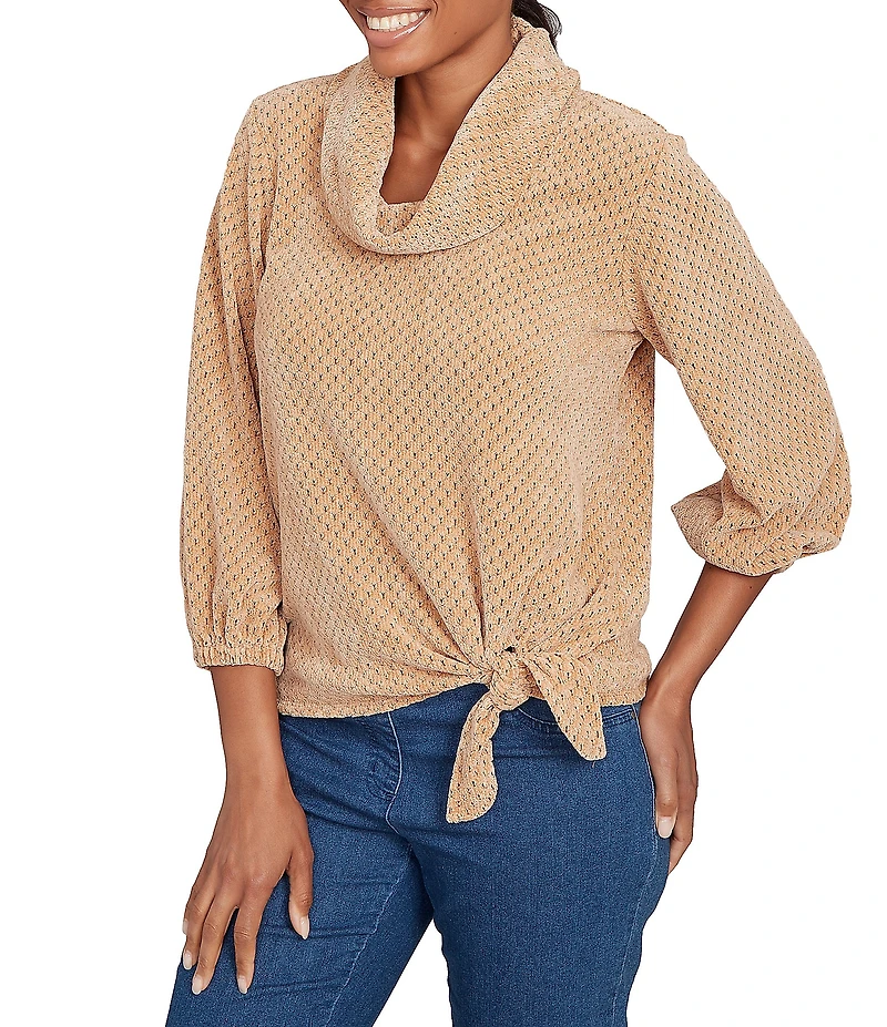 Ruby Rd. Petite Size Cowl Neck 3/4 Sleeve Side Tie Honeycomb Knit Top