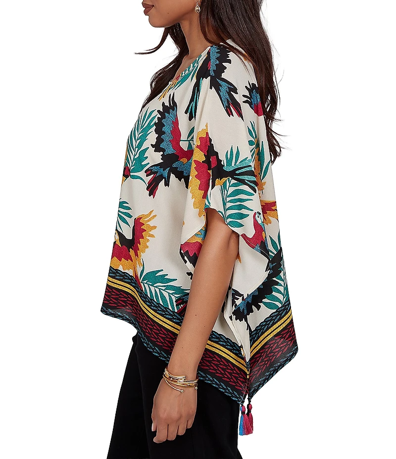 Ruby Rd. Petite Size Crepe Paradise Bird Scoop Neck Short Sleeve Tassel Hem Top