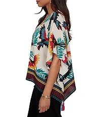Ruby Rd. Petite Size Crepe Paradise Bird Scoop Neck Short Sleeve Tassel Hem Top