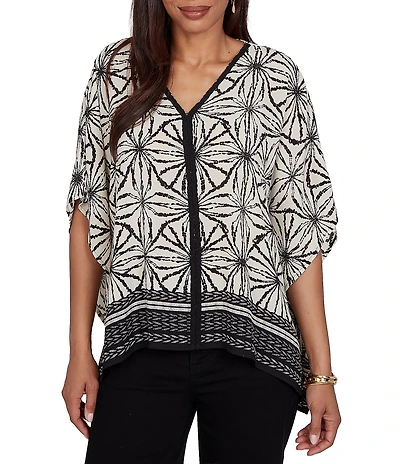 Ruby Rd. Petite Size Crepe Shibori Geometric V-Neck Short Sleeve Contrast Trim Top
