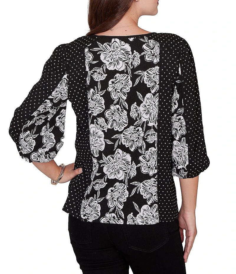 Ruby Rd. Petite Size Crinkle Knit Placed Floral Dots Keyhole Neck 3/4 Sleeve Peasant Top