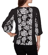 Ruby Rd. Petite Size Crinkle Knit Placed Floral Dots Keyhole Neck 3/4 Sleeve Peasant Top