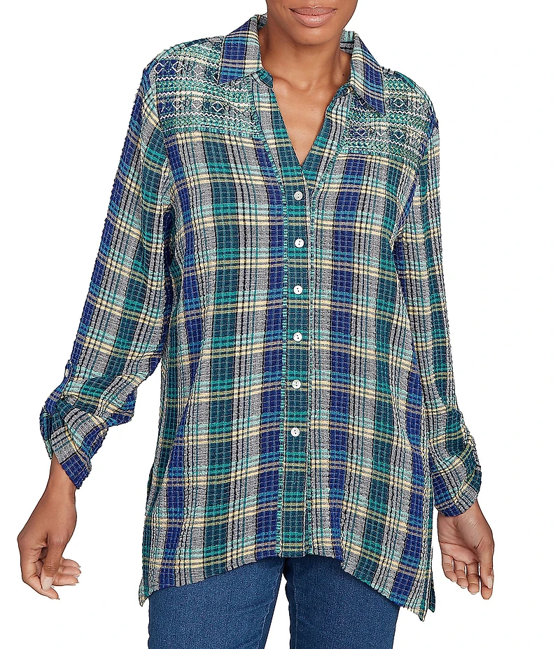 Ruby Rd. Petite Size Crinkle Woven Plaid Collared V-Neck Long Roll-Tab Sleeve Button-Front Shirt