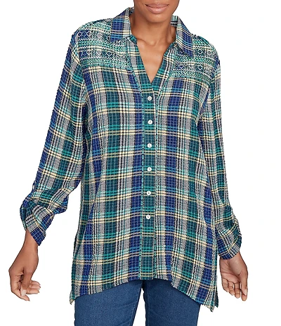 Ruby Rd. Petite Size Crinkle Woven Plaid Collared V-Neck Long Roll-Tab Sleeve Button-Front Shirt