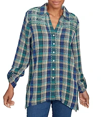 Ruby Rd. Petite Size Crinkle Woven Plaid Collared V-Neck Long Roll-Tab Sleeve Button-Front Shirt