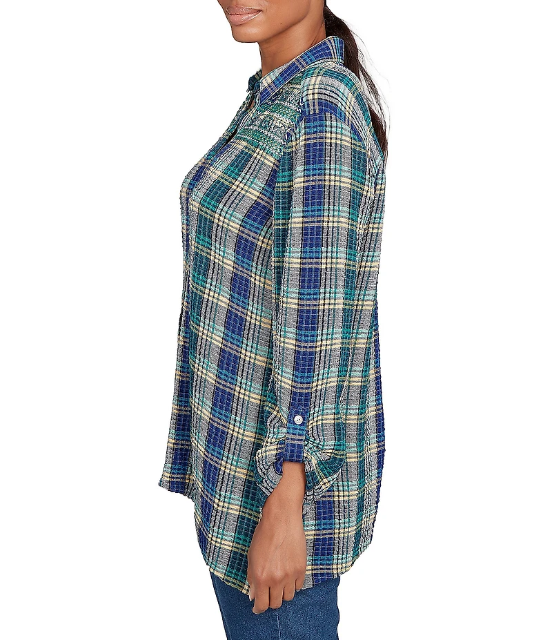 Ruby Rd. Petite Size Crinkle Woven Plaid Collared V-Neck Long Roll-Tab Sleeve Button-Front Shirt