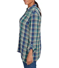 Ruby Rd. Petite Size Crinkle Woven Plaid Collared V-Neck Long Roll-Tab Sleeve Button-Front Shirt