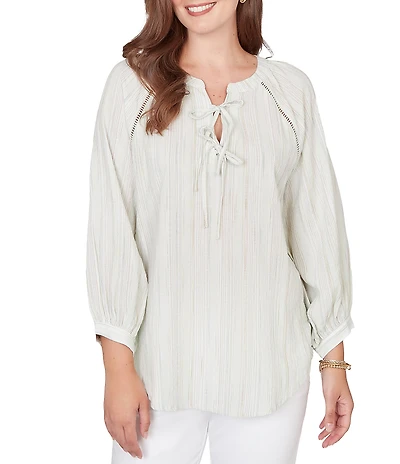 Ruby Rd. Petite Size Crinkle Woven Striped Split V-Neck Tie-Front Peasant Top