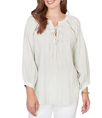 Ruby Rd. Petite Size Crinkle Woven Striped Split V-Neck Tie-Front Peasant Top