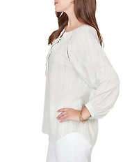 Ruby Rd. Petite Size Crinkle Woven Striped Split V-Neck Tie-Front Peasant Top