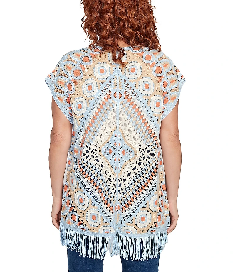 Ruby Rd. Petite Size Crochet Geometric Cap Sleeve Open-Front Cardigan