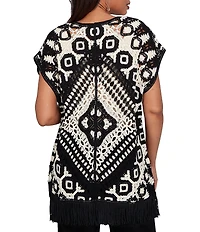 Ruby Rd. Petite Size Crochet Intricate Medallion Open Front Sleeveless Fringe Trim Cardigan