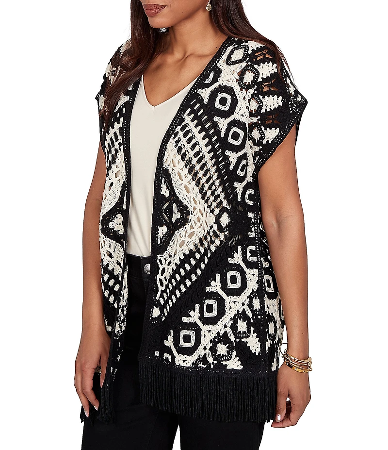 Ruby Rd. Petite Size Crochet Intricate Medallion Open Front Sleeveless Fringe Trim Cardigan
