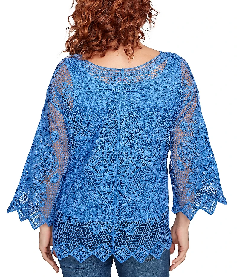 Ruby Rd. Petite Size Crochet Medallion Floral Pattern Scoop Neck 3/4 Wide Flared Sleeve Top