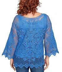 Ruby Rd. Petite Size Crochet Medallion Floral Pattern Scoop Neck 3/4 Wide Flared Sleeve Top