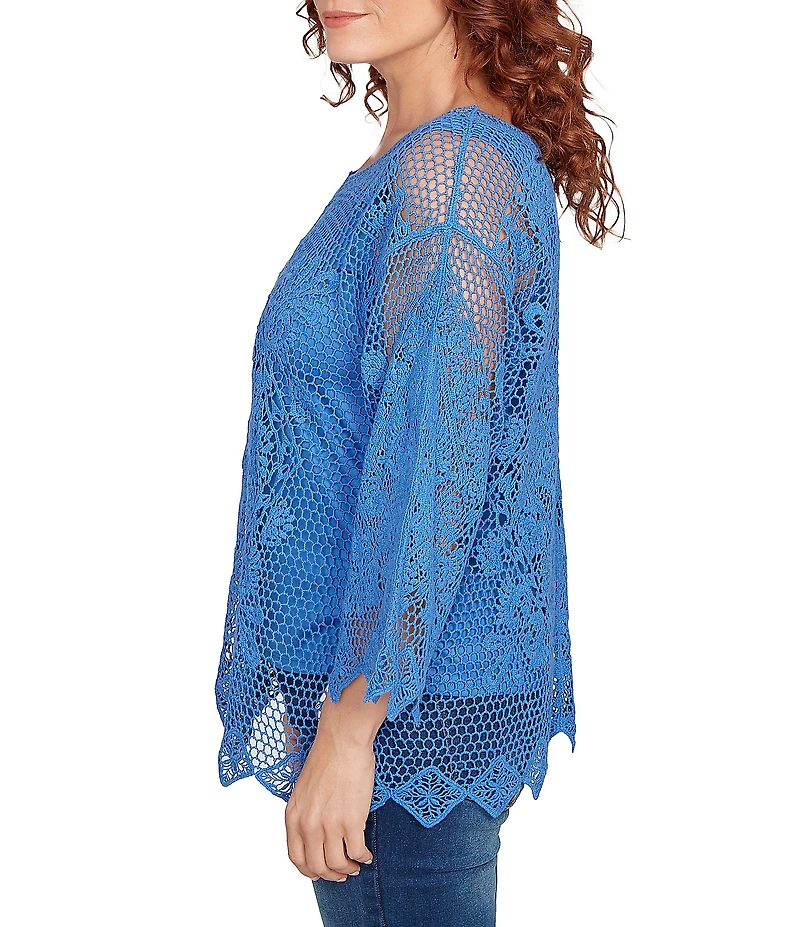 Ruby Rd. Petite Size Crochet Medallion Floral Pattern Scoop Neck 3/4 Wide Flared Sleeve Top