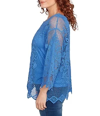 Ruby Rd. Petite Size Crochet Medallion Floral Pattern Scoop Neck 3/4 Wide Flared Sleeve Top
