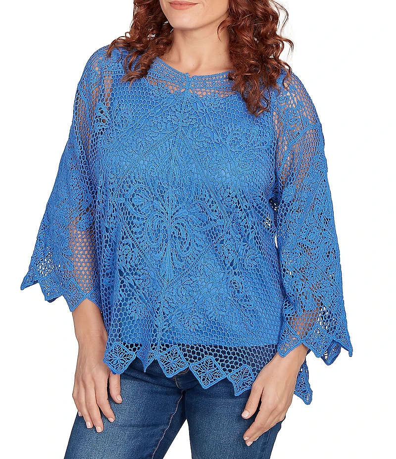 Ruby Rd. Petite Size Crochet Medallion Floral Pattern Scoop Neck 3/4 Wide Flared Sleeve Top