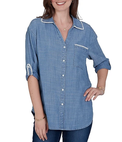 Ruby Rd. Petite Size Crosshatch Tencel Point Collar 3/4 Sleeve Crochet Trim Whipstitch Embroidery Button Front Shirt
