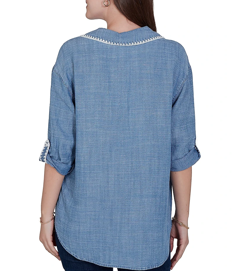 Ruby Rd. Petite Size Crosshatch Tencel Point Collar 3/4 Sleeve Crochet Trim Whipstitch Embroidery Button Front Shirt