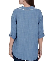 Ruby Rd. Petite Size Crosshatch Tencel Point Collar 3/4 Sleeve Crochet Trim Whipstitch Embroidery Button Front Shirt