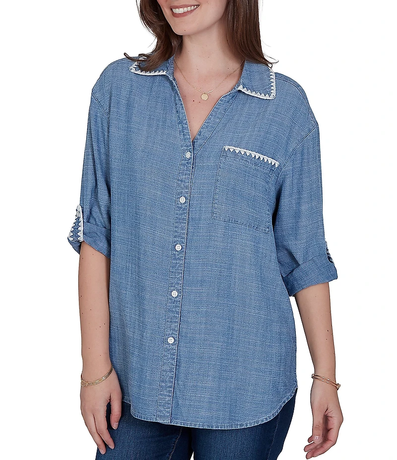 Ruby Rd. Petite Size Crosshatch Tencel Point Collar 3/4 Sleeve Crochet Trim Whipstitch Embroidery Button Front Shirt