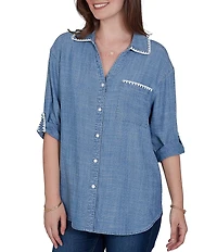 Ruby Rd. Petite Size Crosshatch Tencel Point Collar 3/4 Sleeve Crochet Trim Whipstitch Embroidery Button Front Shirt