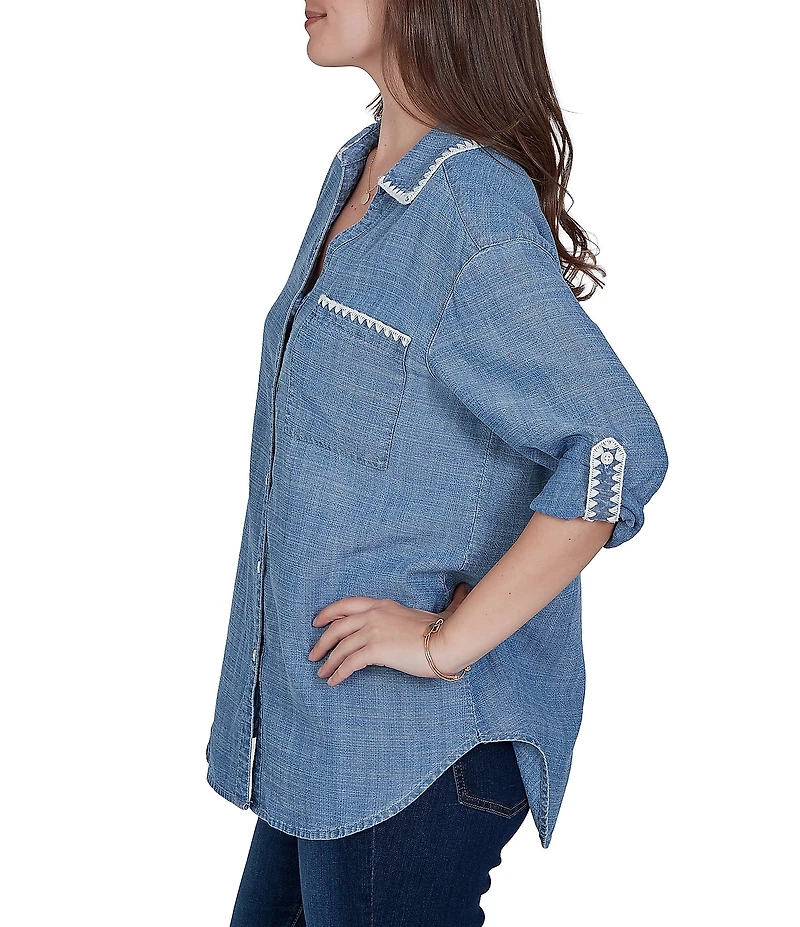 Ruby Rd. Petite Size Crosshatch Tencel Point Collar 3/4 Sleeve Crochet Trim Whipstitch Embroidery Button Front Shirt