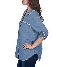 Ruby Rd. Petite Size Crosshatch Tencel Point Collar 3/4 Sleeve Crochet Trim Whipstitch Embroidery Button Front Shirt