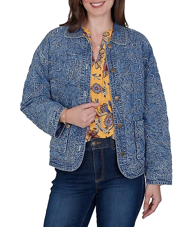 Ruby Rd. Petite Size Denim Floral Stritch Point Collar Long Sleeve Button Front Jacket