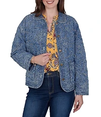 Ruby Rd. Petite Size Denim Floral Stritch Point Collar Long Sleeve Button Front Jacket
