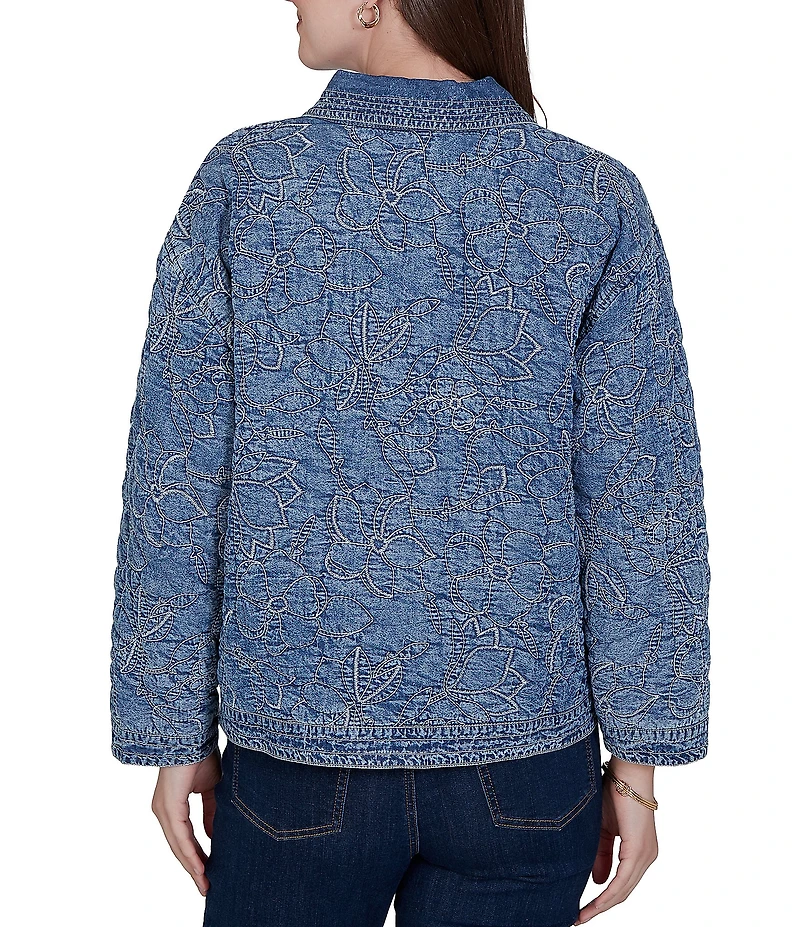 Ruby Rd. Petite Size Denim Floral Stritch Point Collar Long Sleeve Button Front Jacket