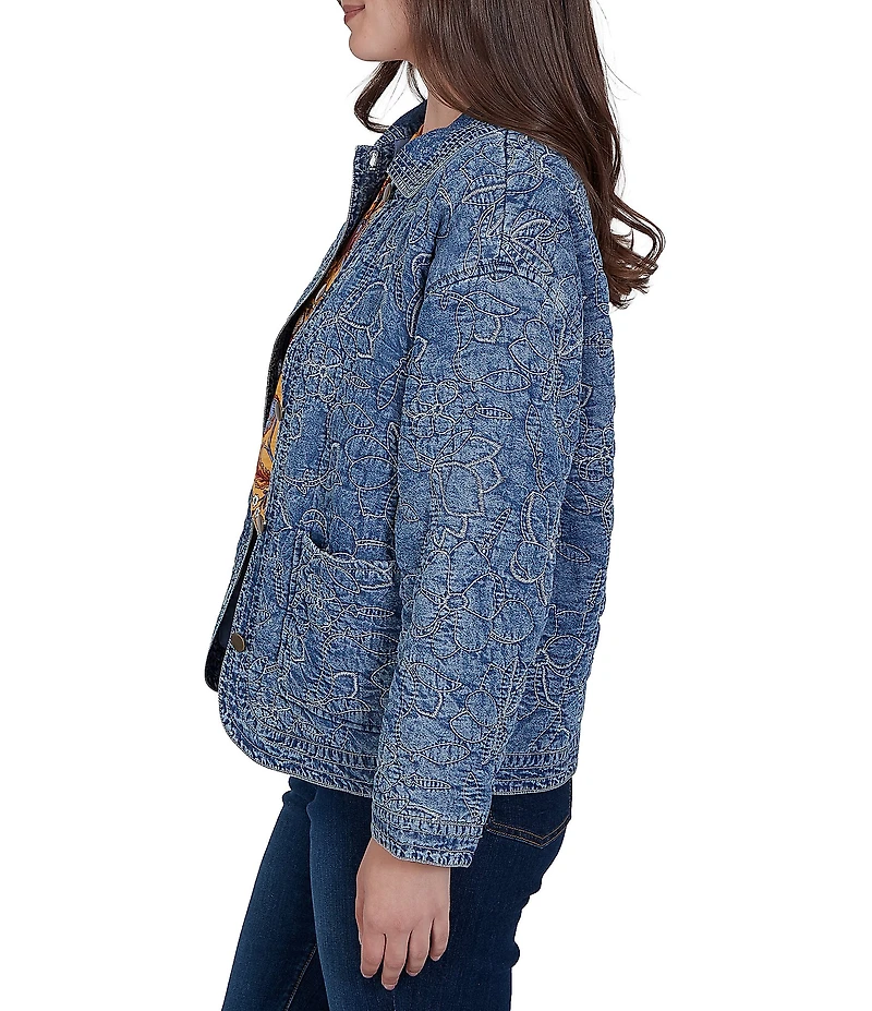 Ruby Rd. Petite Size Denim Floral Stritch Point Collar Long Sleeve Button Front Jacket