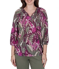 Ruby Rd. Petite Size Desertwillow Slub Knit Split V-Neck 3/4 Cuffed Sleeve Tassel Tie Top