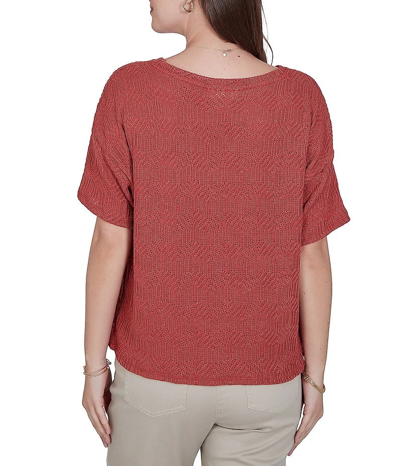 Ruby Rd. Petite Size Diamond Textured Knit Scoop Neck Elbow Length Sleeve Top