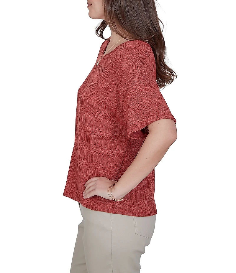 Ruby Rd. Petite Size Diamond Textured Knit Scoop Neck Elbow Length Sleeve Top